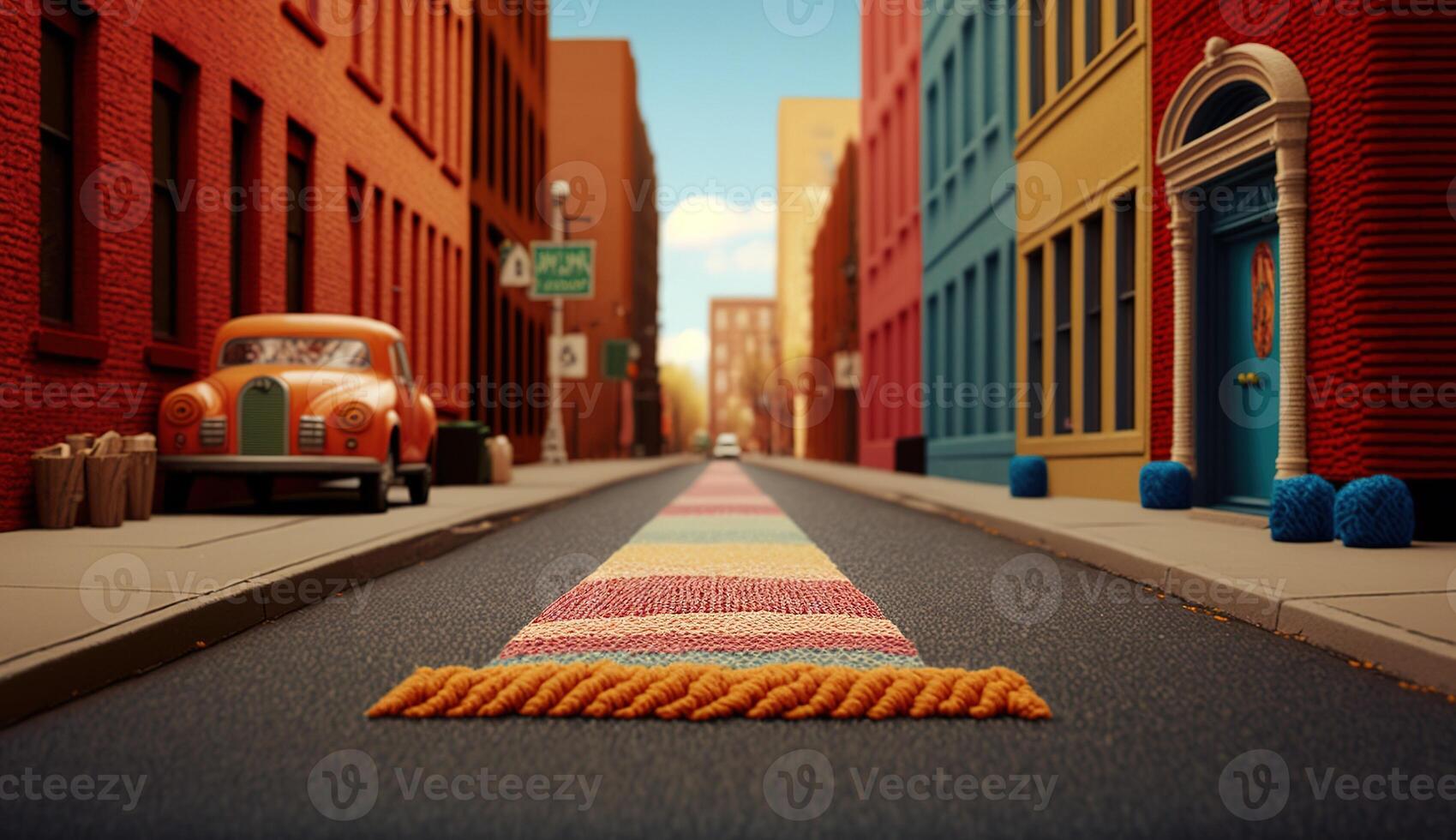 Generative AI, cute street made of crochet, houses, trees, road, cars. Soft colors, dreamy scene cityscape made of crochet materials, wool, fabric, yarn, sewing for background photo