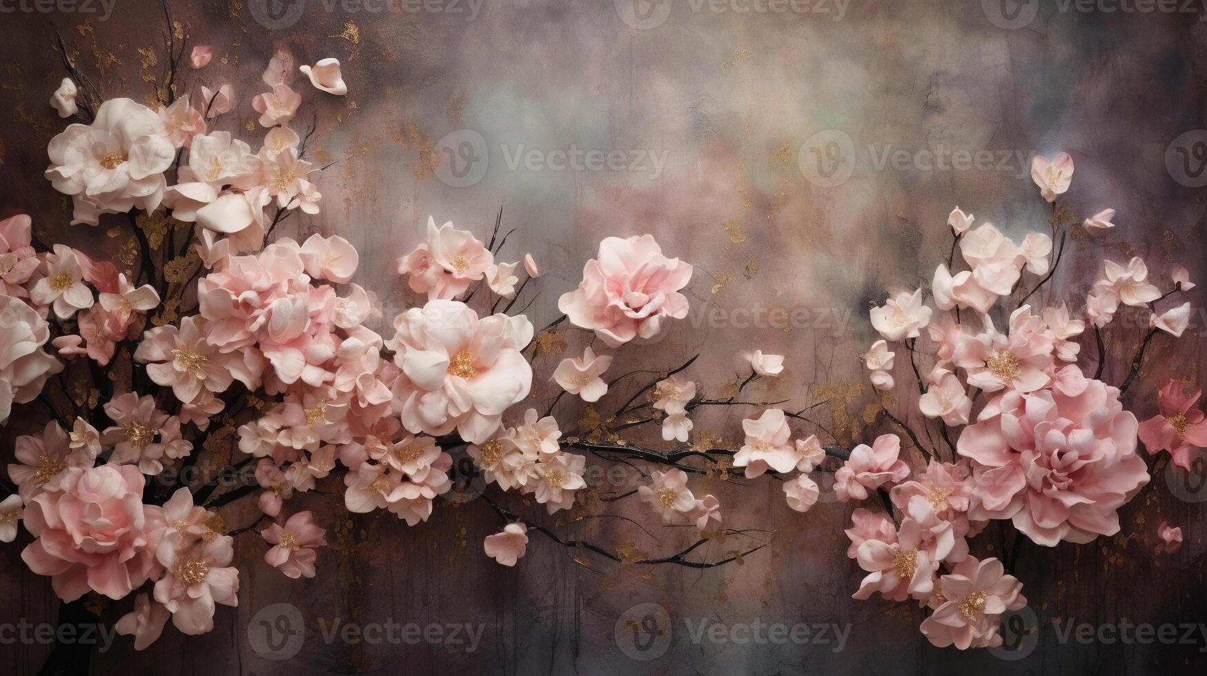 , Close up of blooming flowerbeds of amazing light pink flowers on dark moody floral textured background. Photorealistic effect. photo