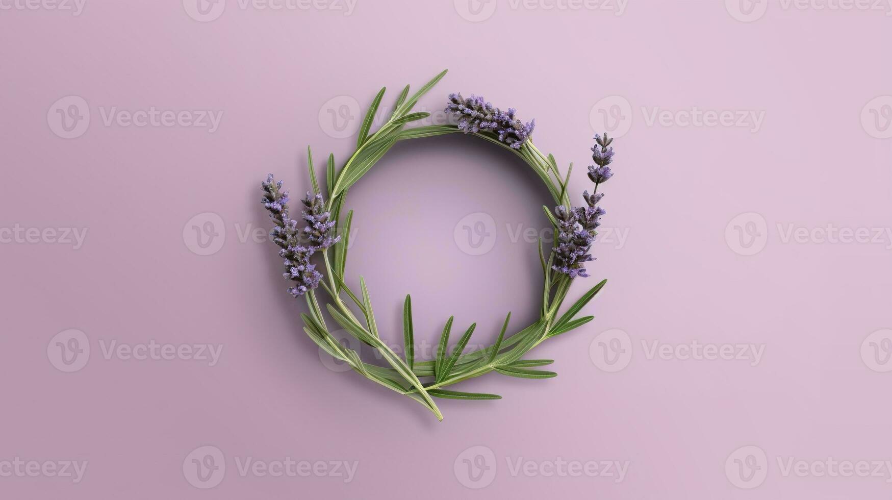 Generative AI, wreath of lavender branches flowers with copy space, natural organic floral frame violet background photo