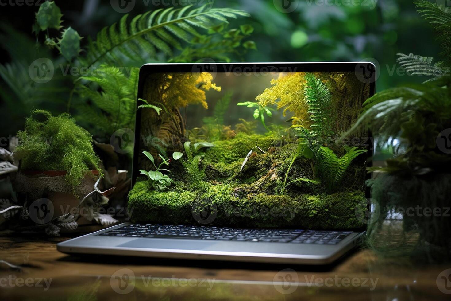 , Laptop covered in moss and plants. Nature and technology concept photo