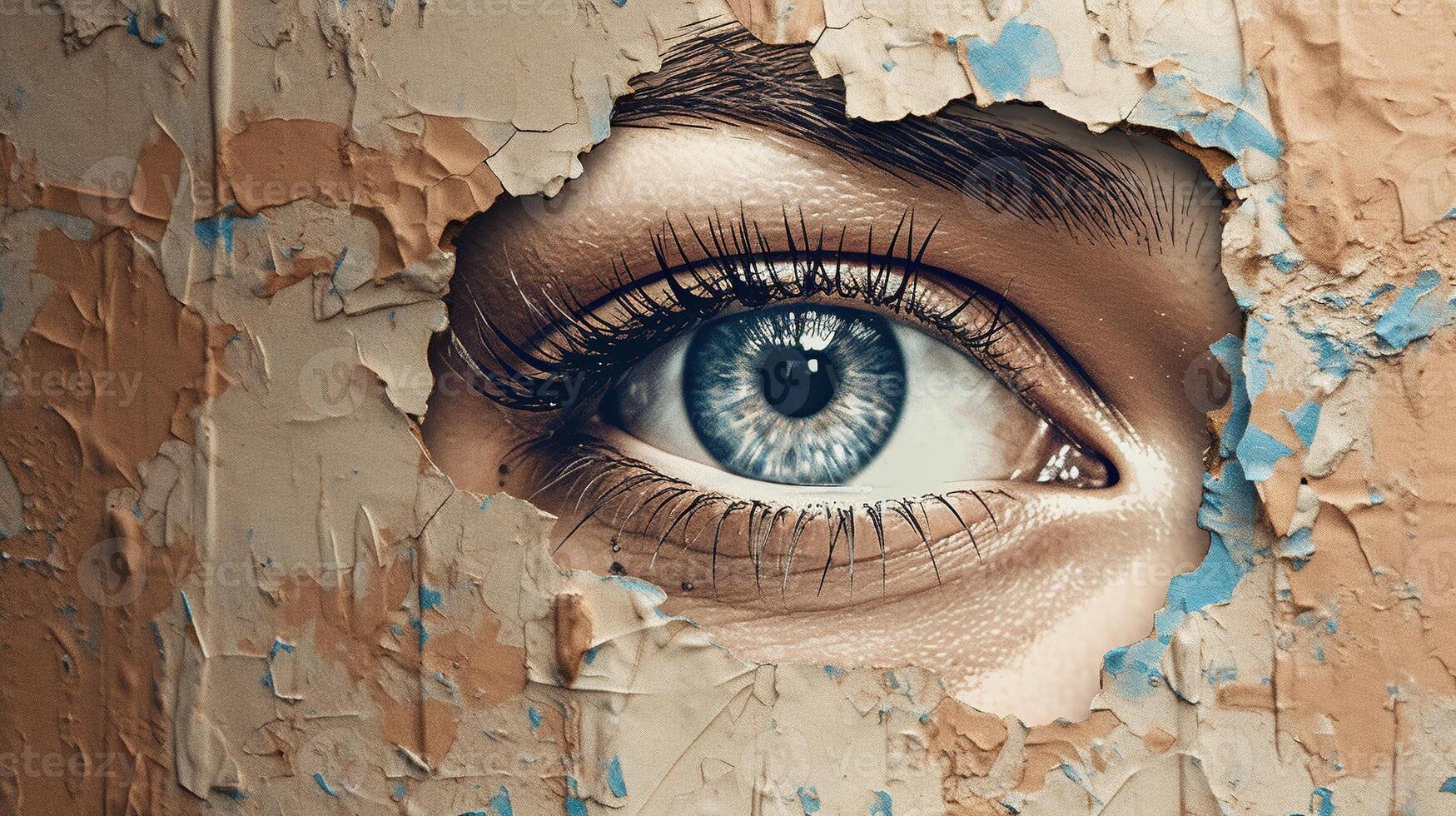 Generative AI, Woman eye looking through a torn hole in vintage paper, blue and beige colors mural. Painted hyperrealistic female art. photo