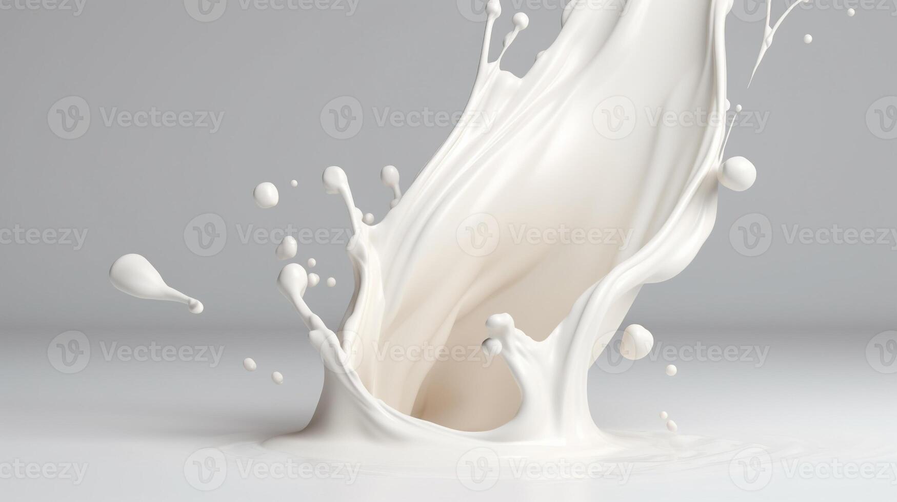 Generative AI, Flowing liquid with splashes in white color. Glossy creamy milk fluid banner, 3D effect, modern macro photorealistic abstract background illustration photo