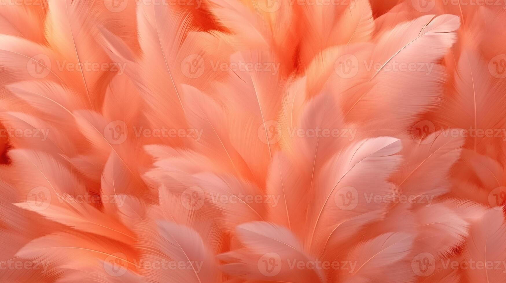 Generative AI, Beautiful light orange, apricot color closeup feathers, photorealistic background. Small fluffy orange feathers randomly scattered forming photo