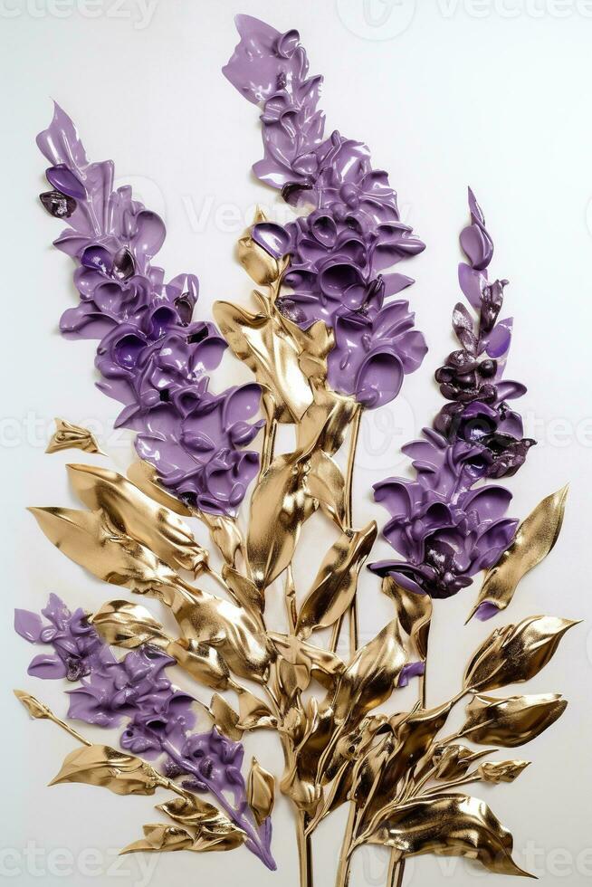 Generative AI, lavender branches hand drawn oil painting with golden leaves on white background photo