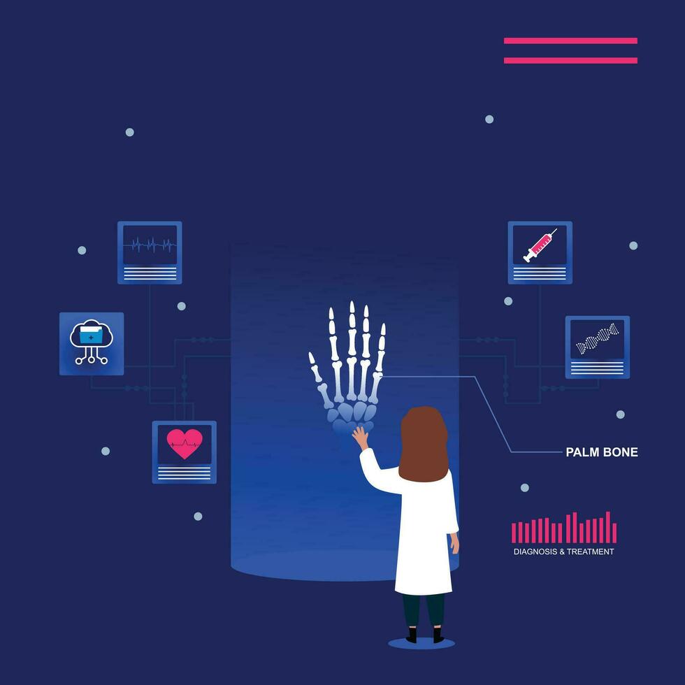 Futuristic medical technology. physiotherapist examining a palm bone model. vector