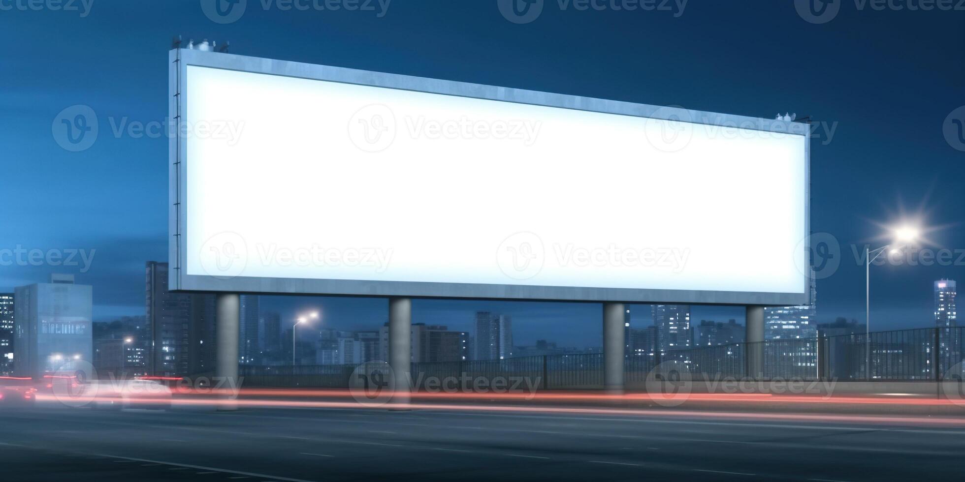 Generative AI, Realistic street big billboard mock up blank for presentation advertising. Outdoor sign blank in the futuristic city, business concept photo