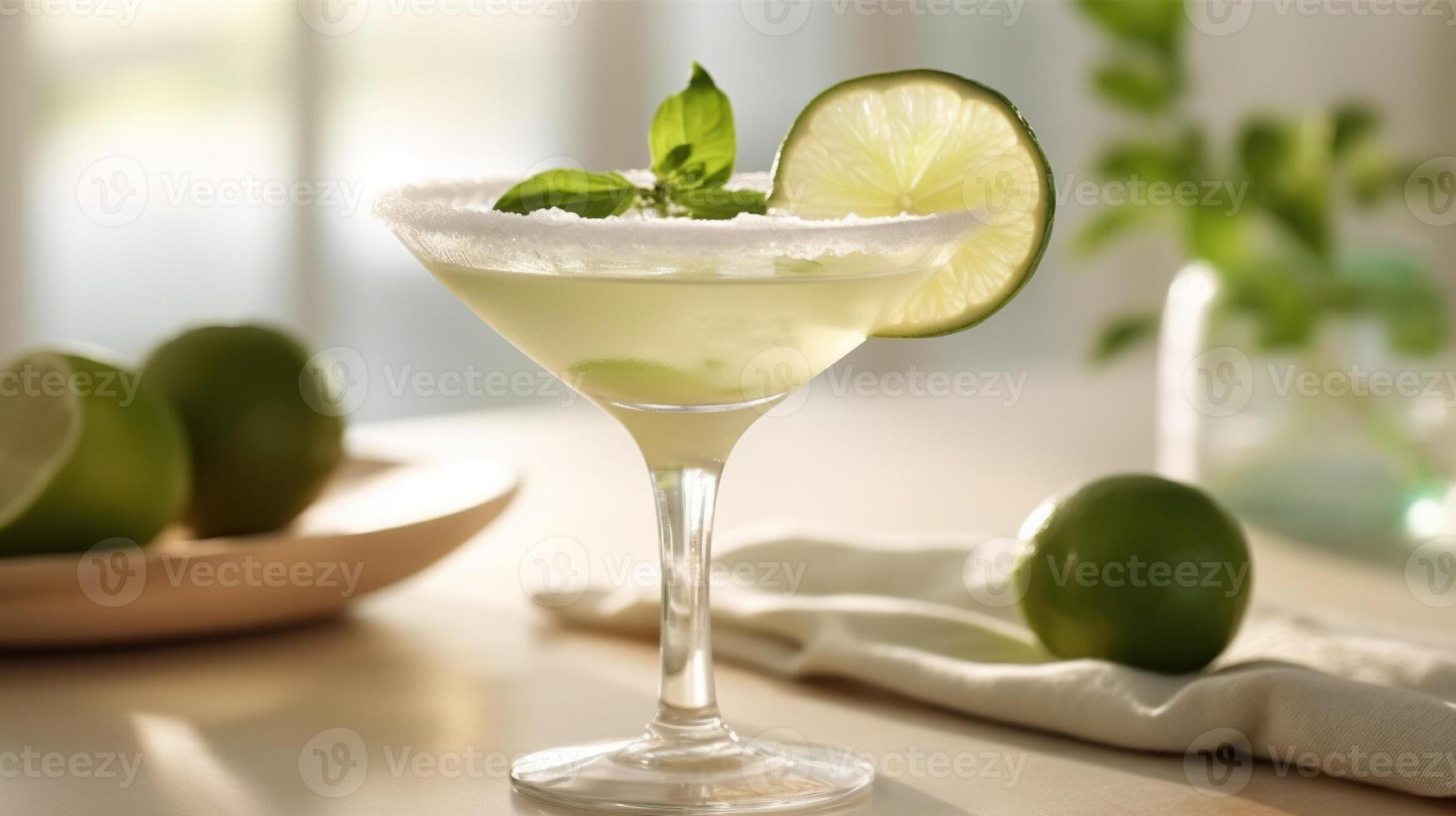 Generative AI, margarita cocktail on the table in the white kitchen with lime. Alcoholic drink photo