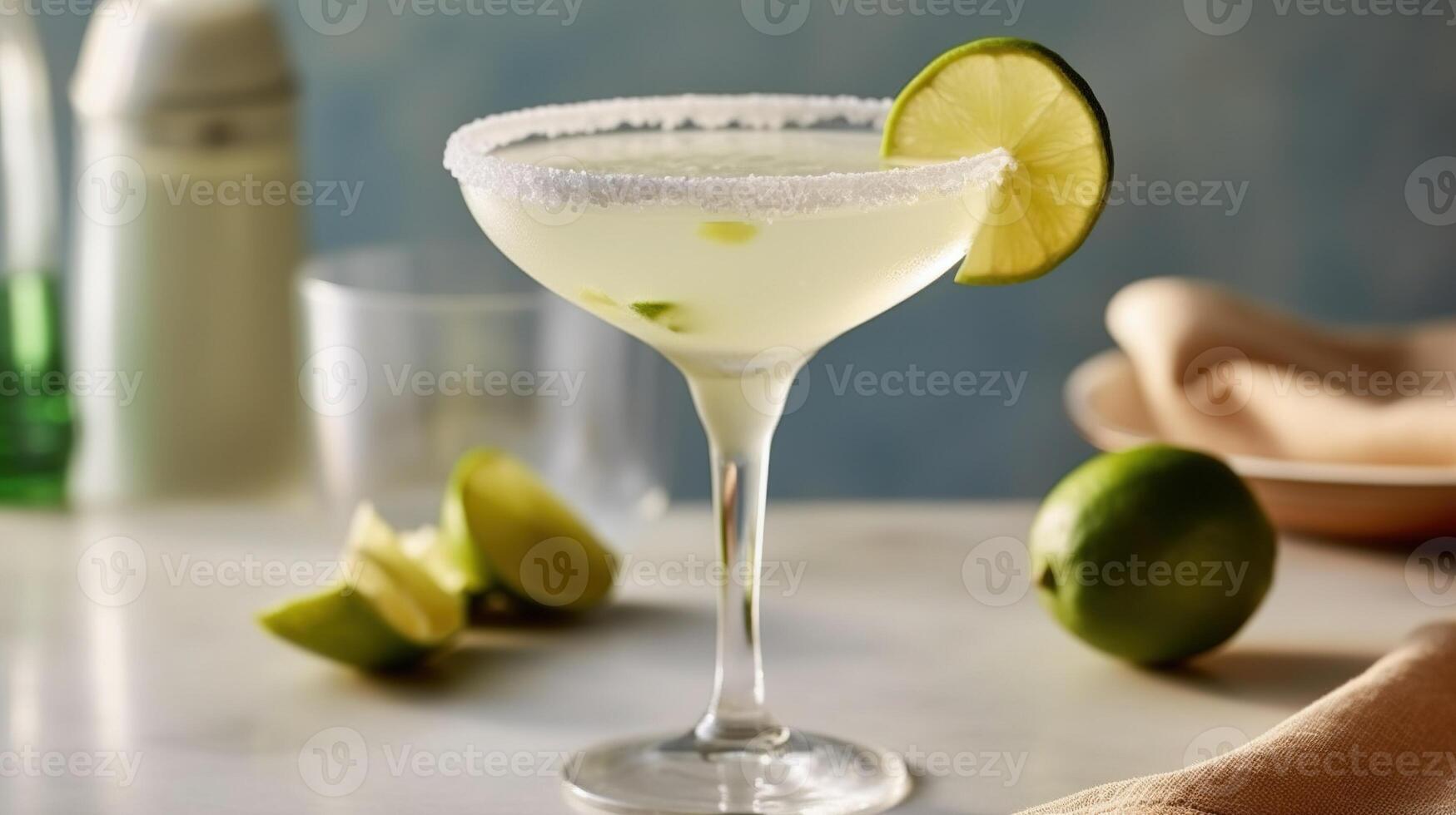 Generative AI, margarita cocktail on the table in the white kitchen with lime. Alcoholic drink photo