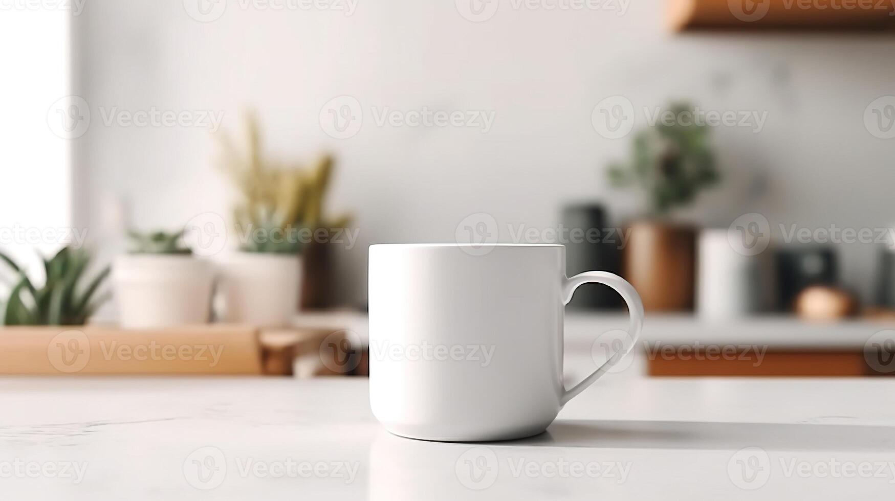 , White ceramic cup set-up in at home interior, mug mock up blank. photo