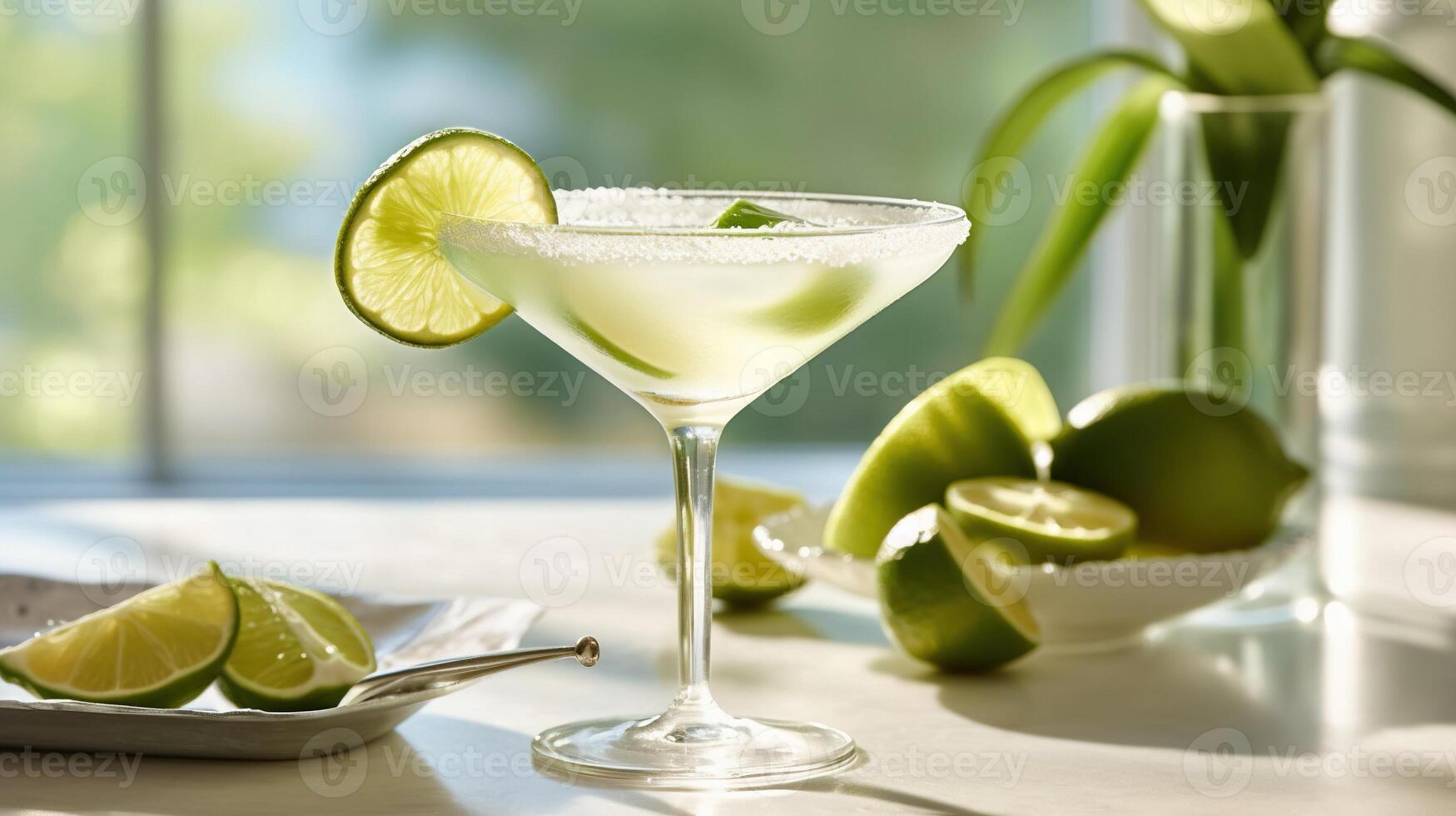 Generative AI, margarita cocktail on the table in the white kitchen with lime. Alcoholic drink photo