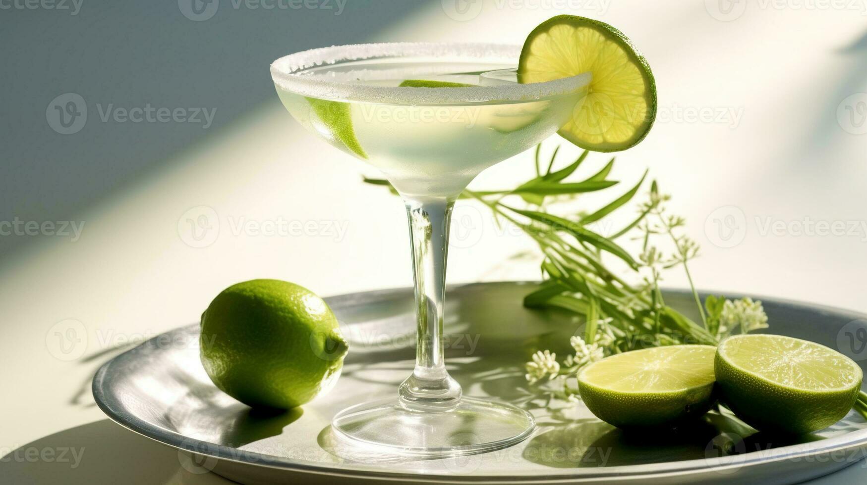 Generative AI, margarita cocktail on the table in the white kitchen with lime. Alcoholic drink photo