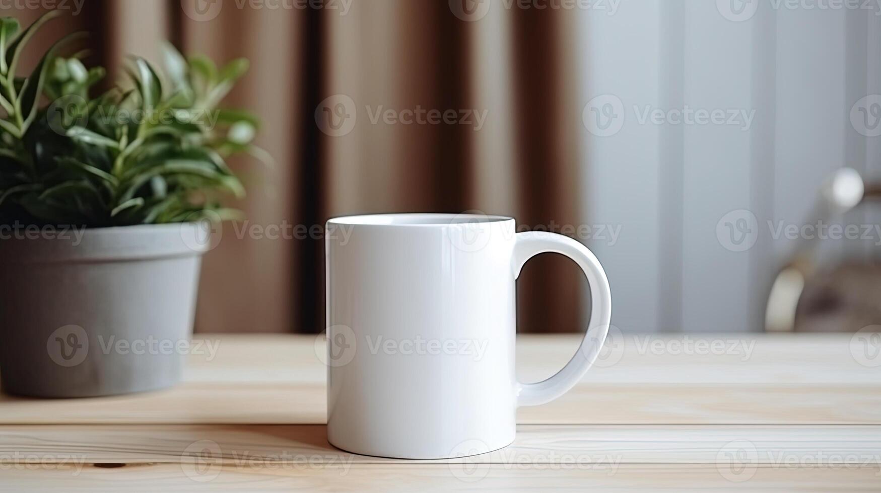 Generative AI, White ceramic cup set-up in at home interior, mug mock up blank. photo