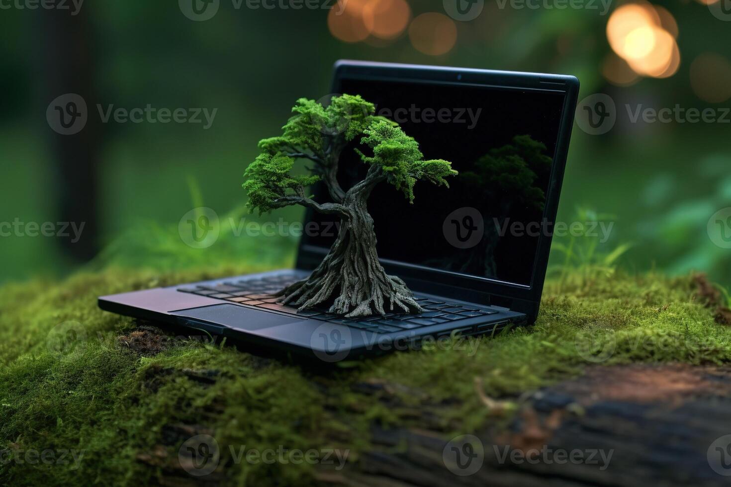 Generative AI, Laptop covered in moss and plants. Nature and technology concept photo