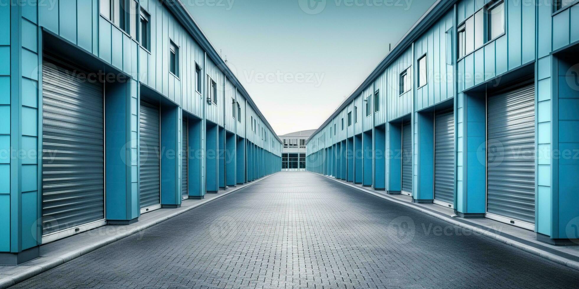 Generative AI, Mini colorful metal self storage facilities rental units, warehouse exterior, industry garage building. photo