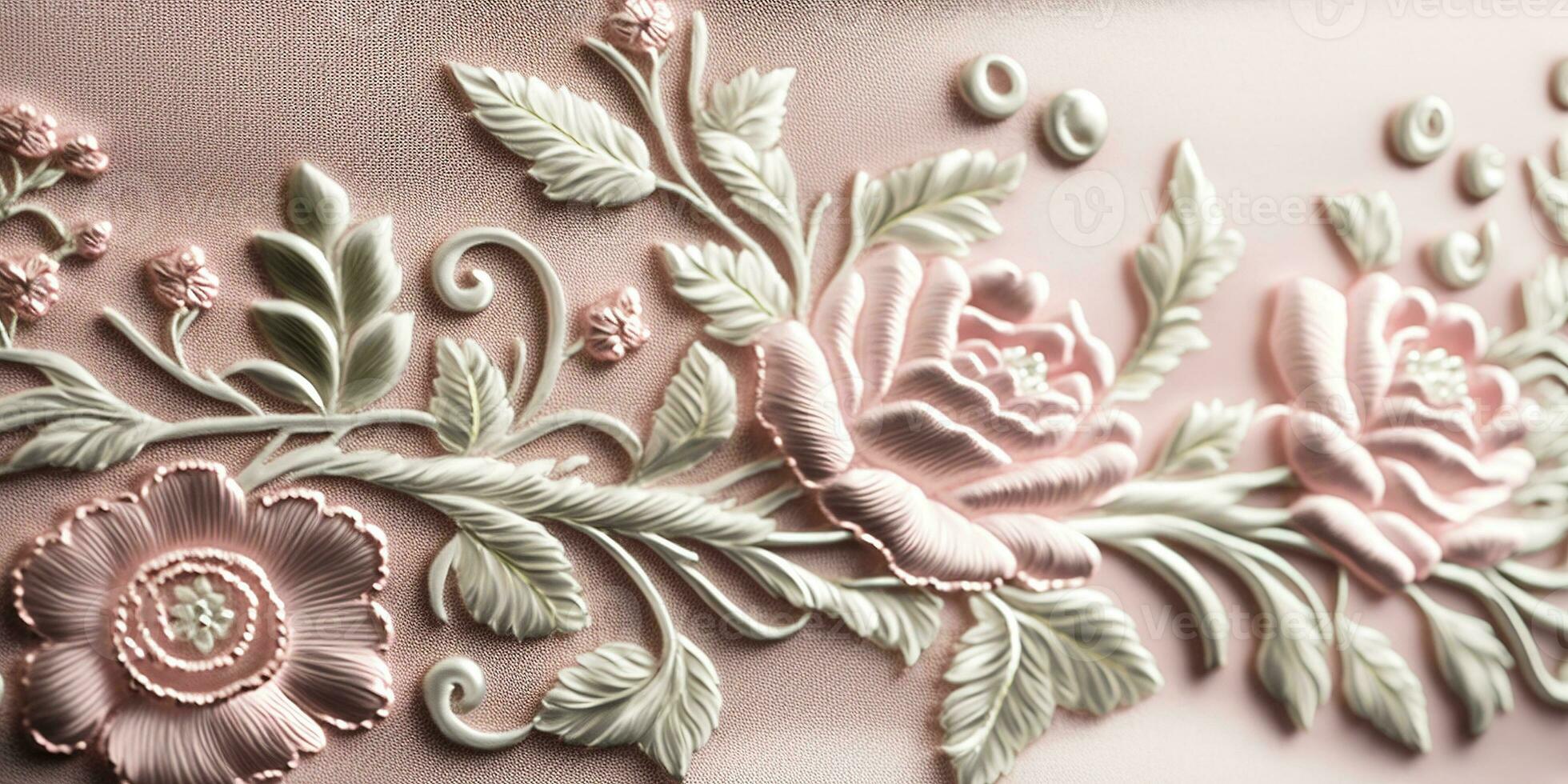 Generative AI, embroidered shabby chic baroque light pink roses pattern.  Floral print on silk background photo