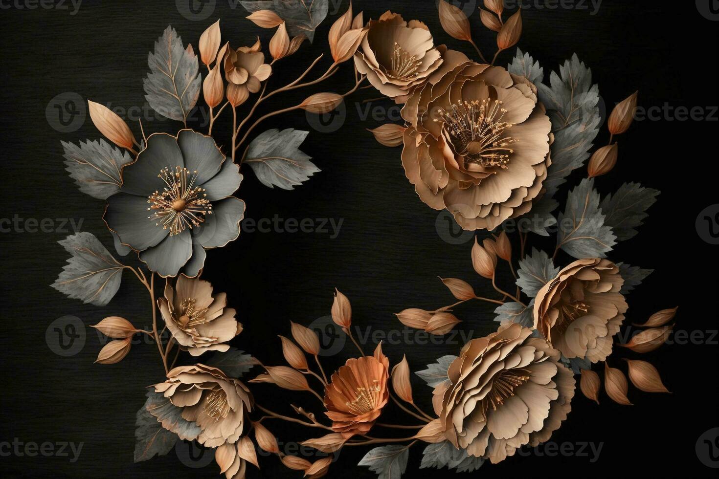 Generative AI, Close up wreath, blooming flowerbeds of amazing apricot and orange flowers on dark moody floral textured background. photo