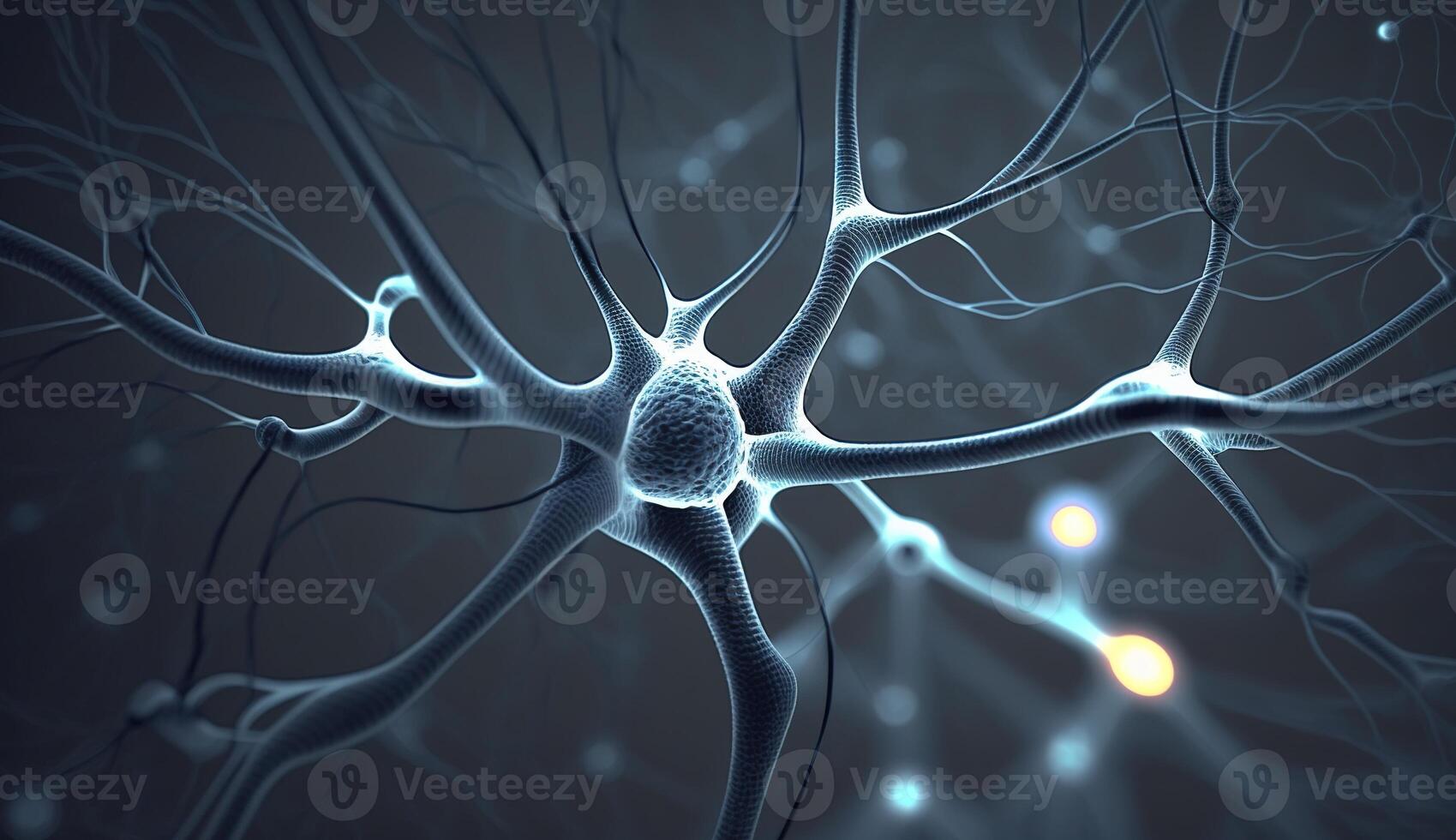 , Conceptual illustration of neuron cells with glowing link knots in abstract dark space, high resolution. Human nervous system, neural network photo