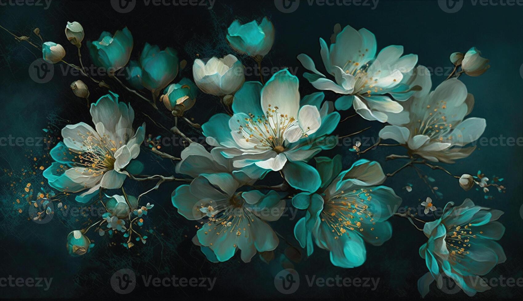 , Close up of blooming flowerbeds of amazing teal flowers on dark moody floral textured background. Photorealistic effect. photo