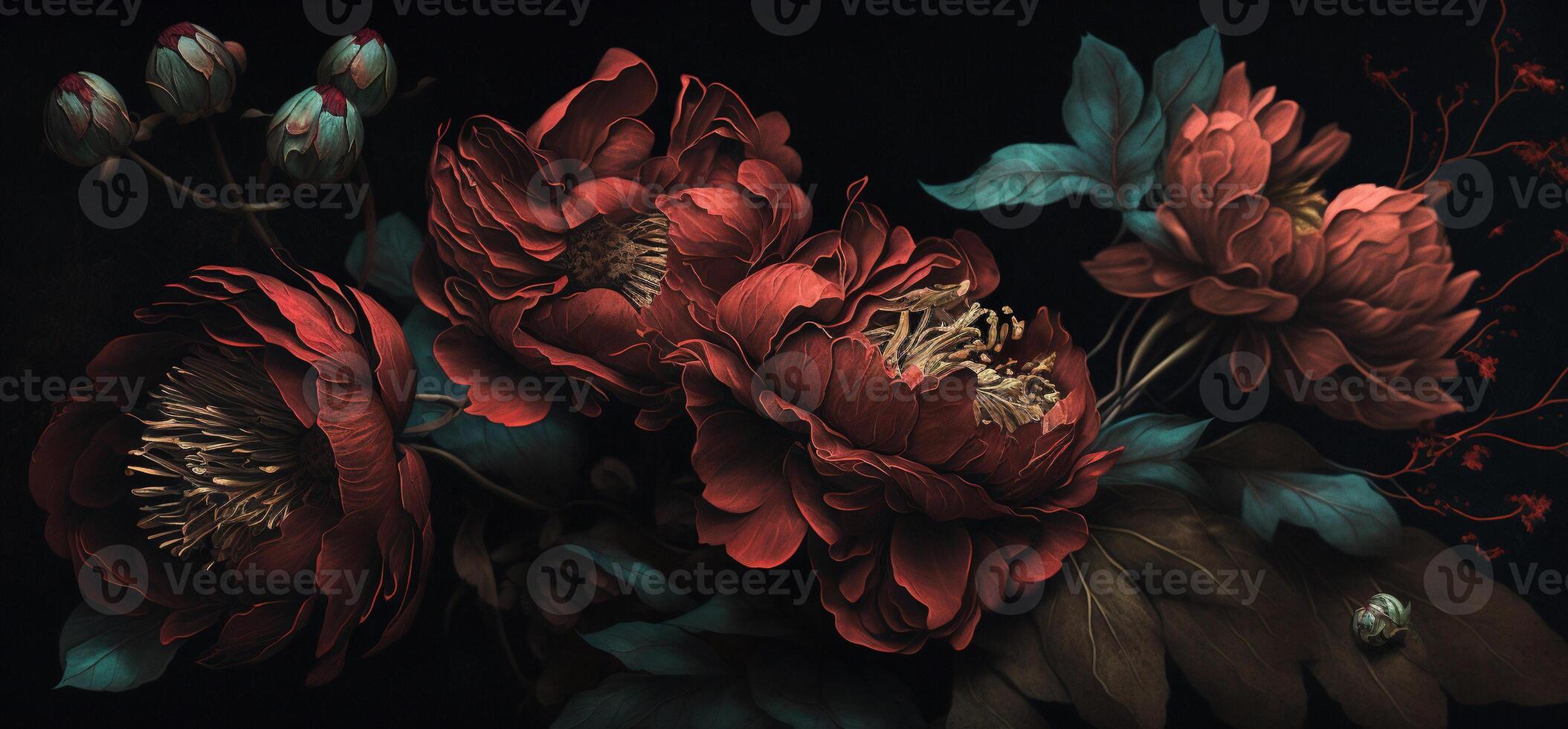 , Close up of blooming flowerbeds of amazing red color flowers on dark moody floral textured background. Photorealistic effect.. photo