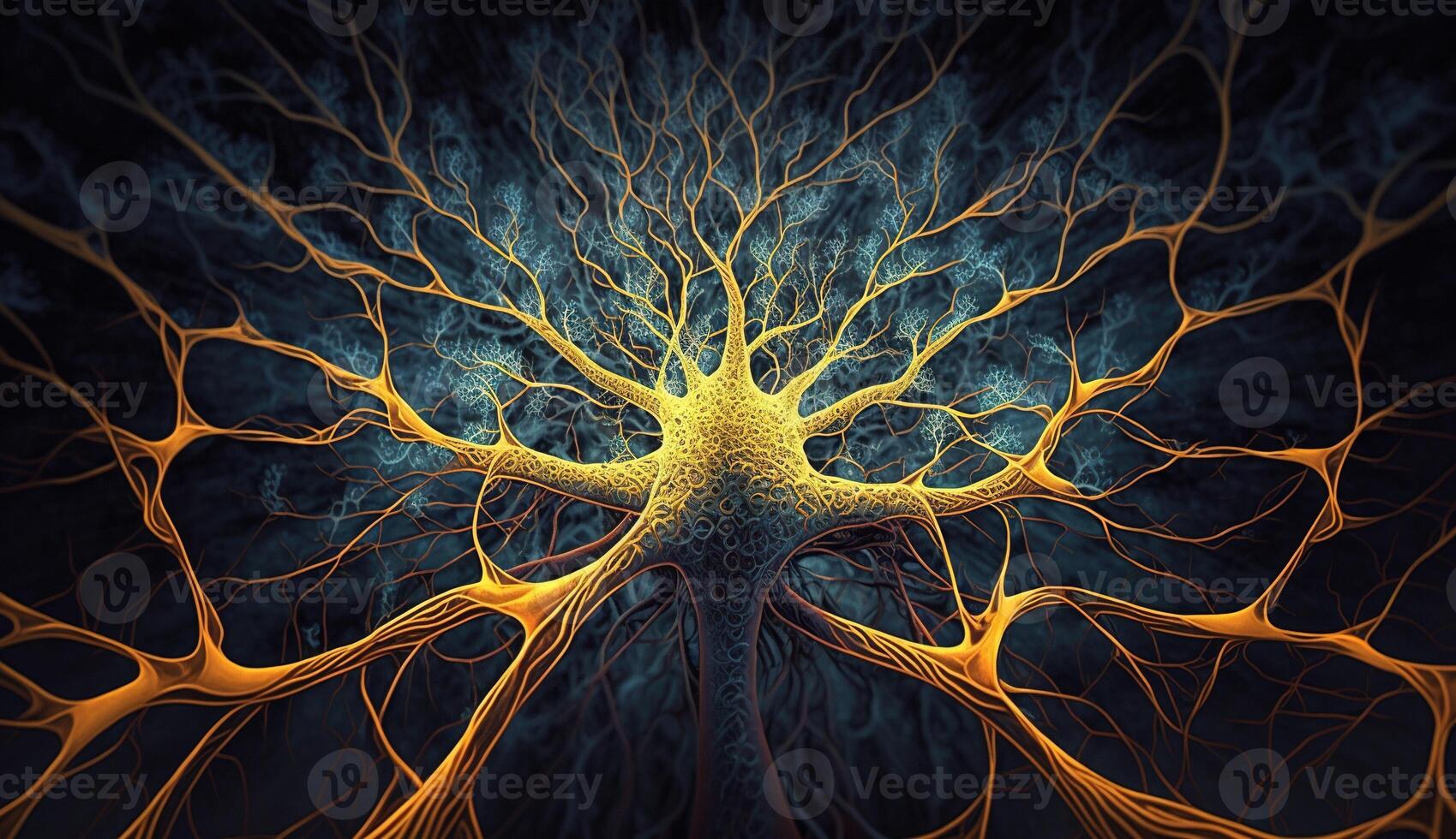 , Conceptual illustration of neuron cells with glowing link knots in abstract dark space, high resolution. Human nervous system photo