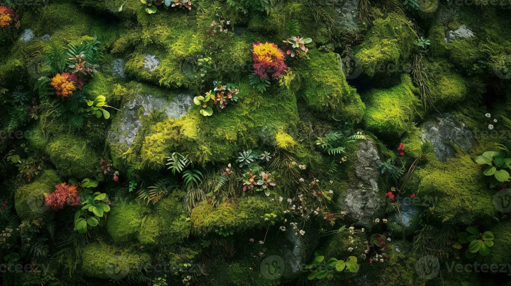 Generative AI, green forest decorative stable moss with lush different colors trees, succulents as background photo