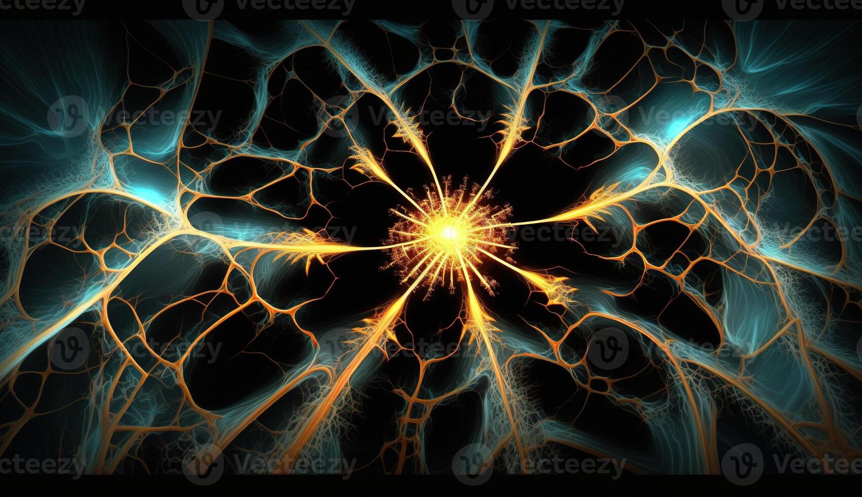 , Conceptual illustration of neuron cells with glowing link knots in abstract dark space, high resolution. Human nervous system photo