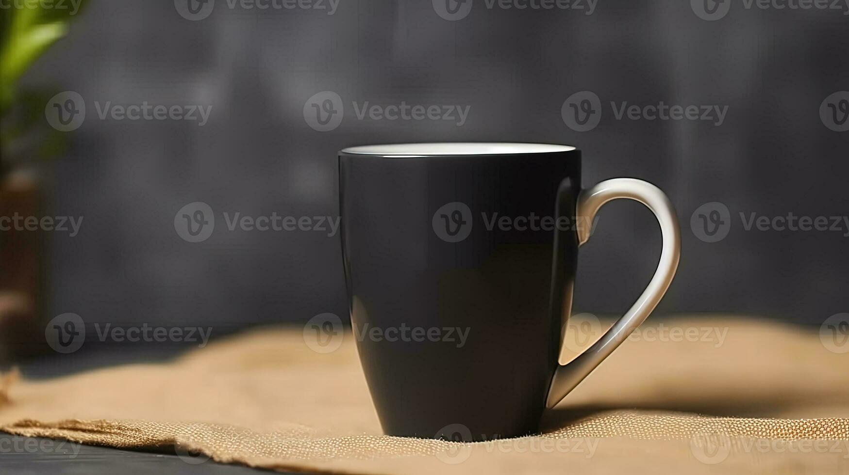 Generative AI, Black ceramic cup set-up in at home interior, mug mock up blank. photo