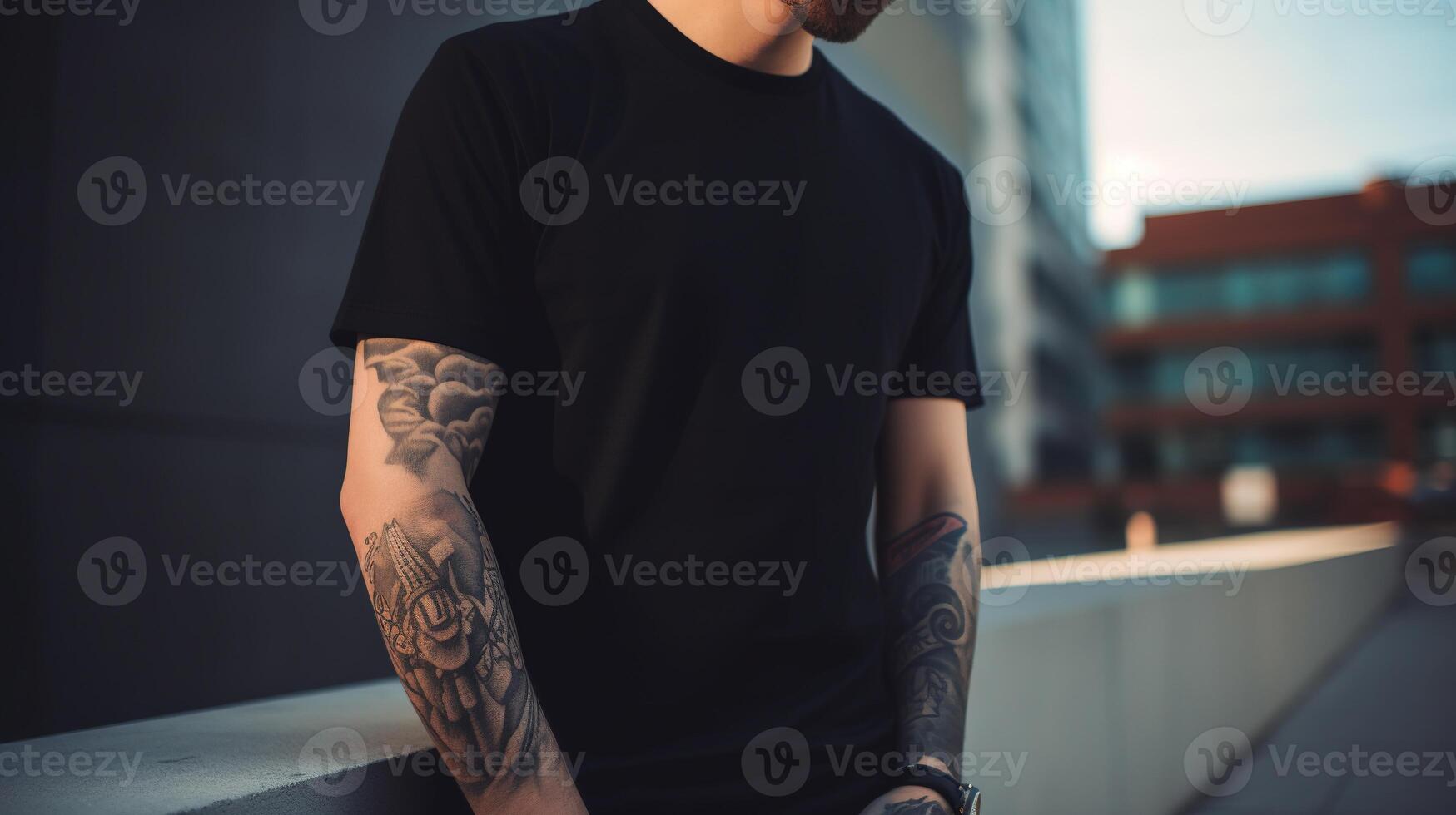 Generative AI, Realistic black T-Shirt mock up blank put on young man, copyspace for presentation advertising. Blank business concept photo