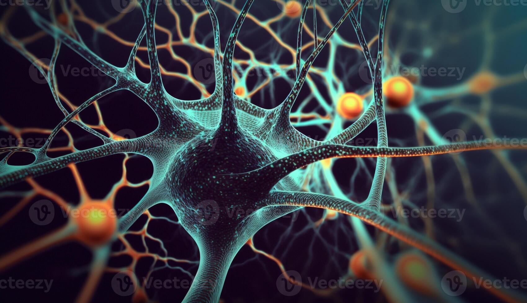 Generative AI, Conceptual illustration of neuron cells with glowing link knots in abstract dark space, high resolution. Human nervous system photo