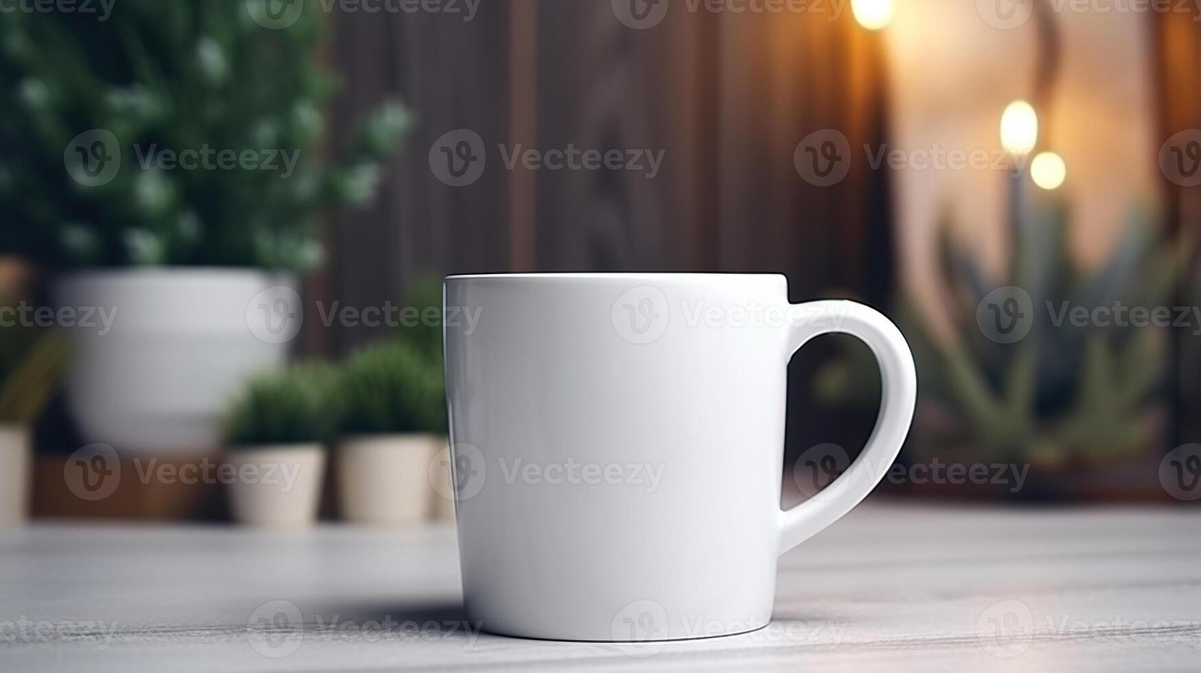 , White ceramic cup set-up in at home interior, mug mock up blank. photo