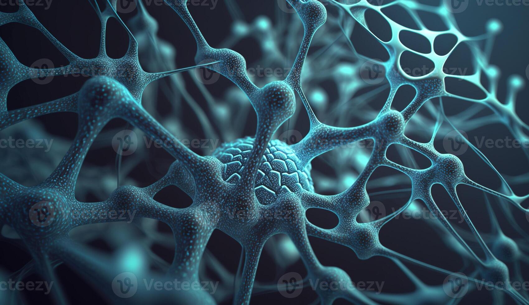 , Conceptual illustration of neuron cells with glowing link knots in abstract dark space, high resolution. Human nervous system photo