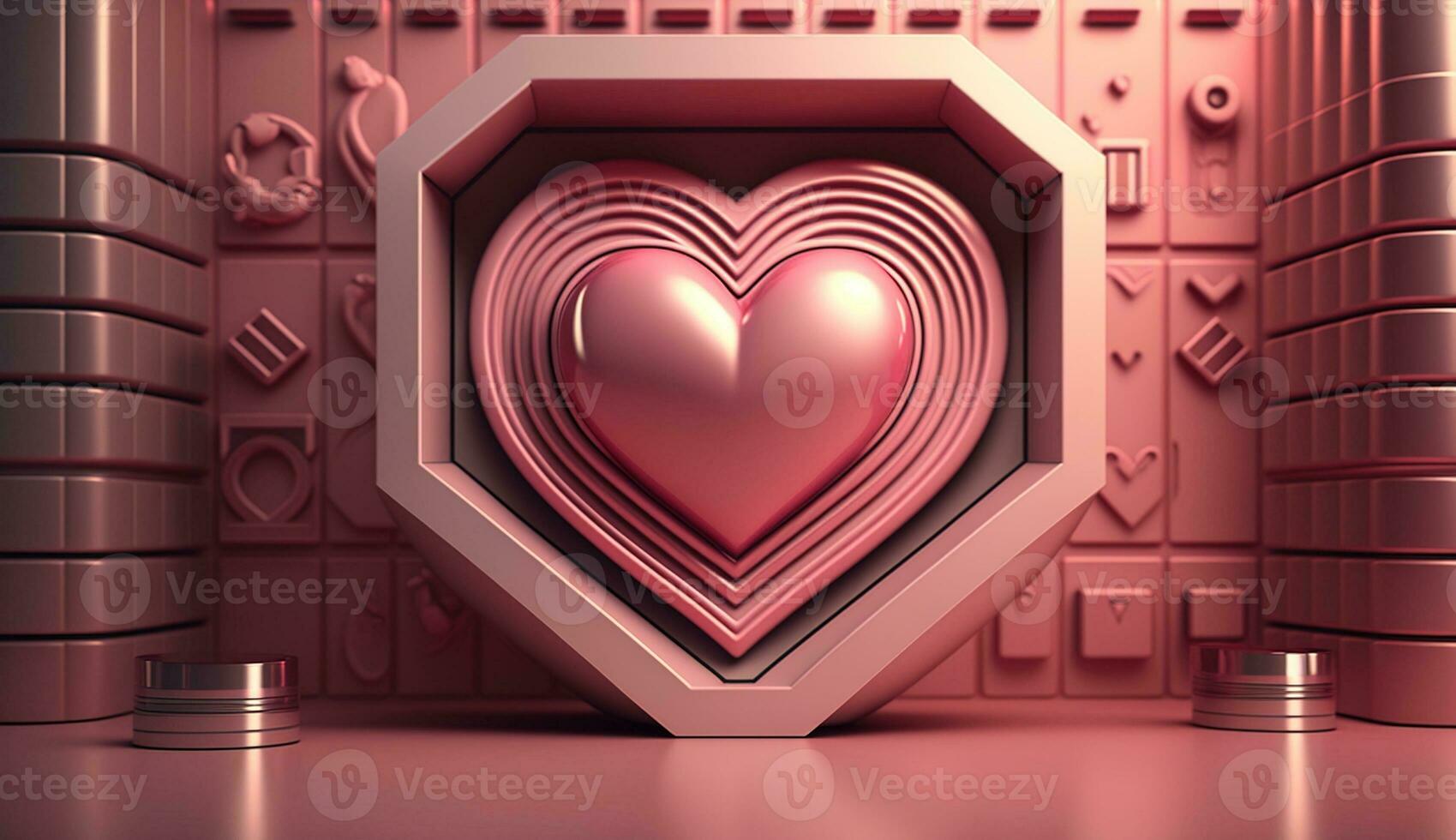 Generative AI, Futuristic space ship room with pink heart in cyberpunk style illustration. Love, feelings, romantic St. Valentine's Day concept. Sci-fi, realistic 3d effect. photo