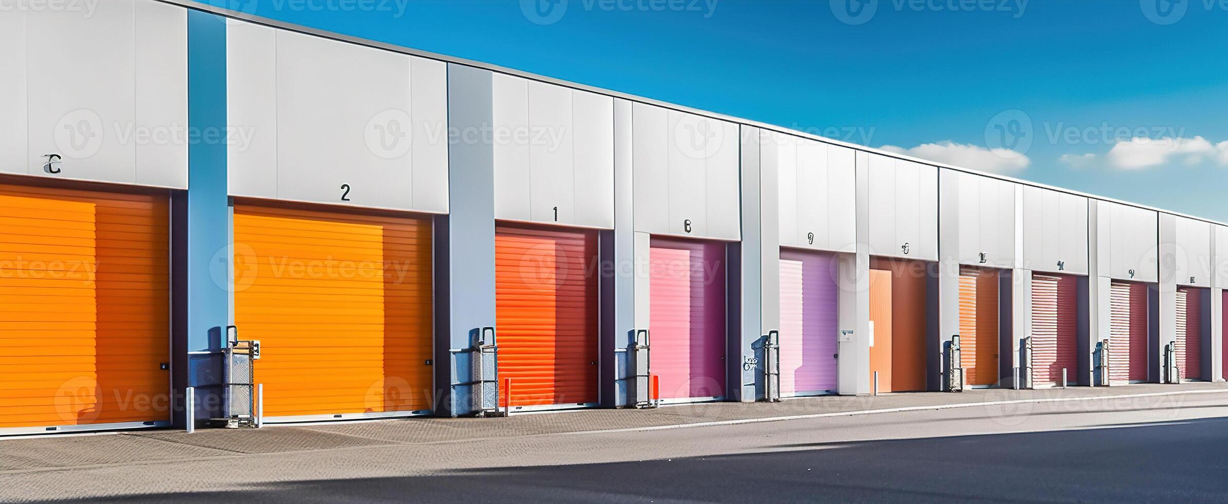 Generative AI, Mini colorful metal self storage facilities rental units, warehouse exterior, industry garage building. photo