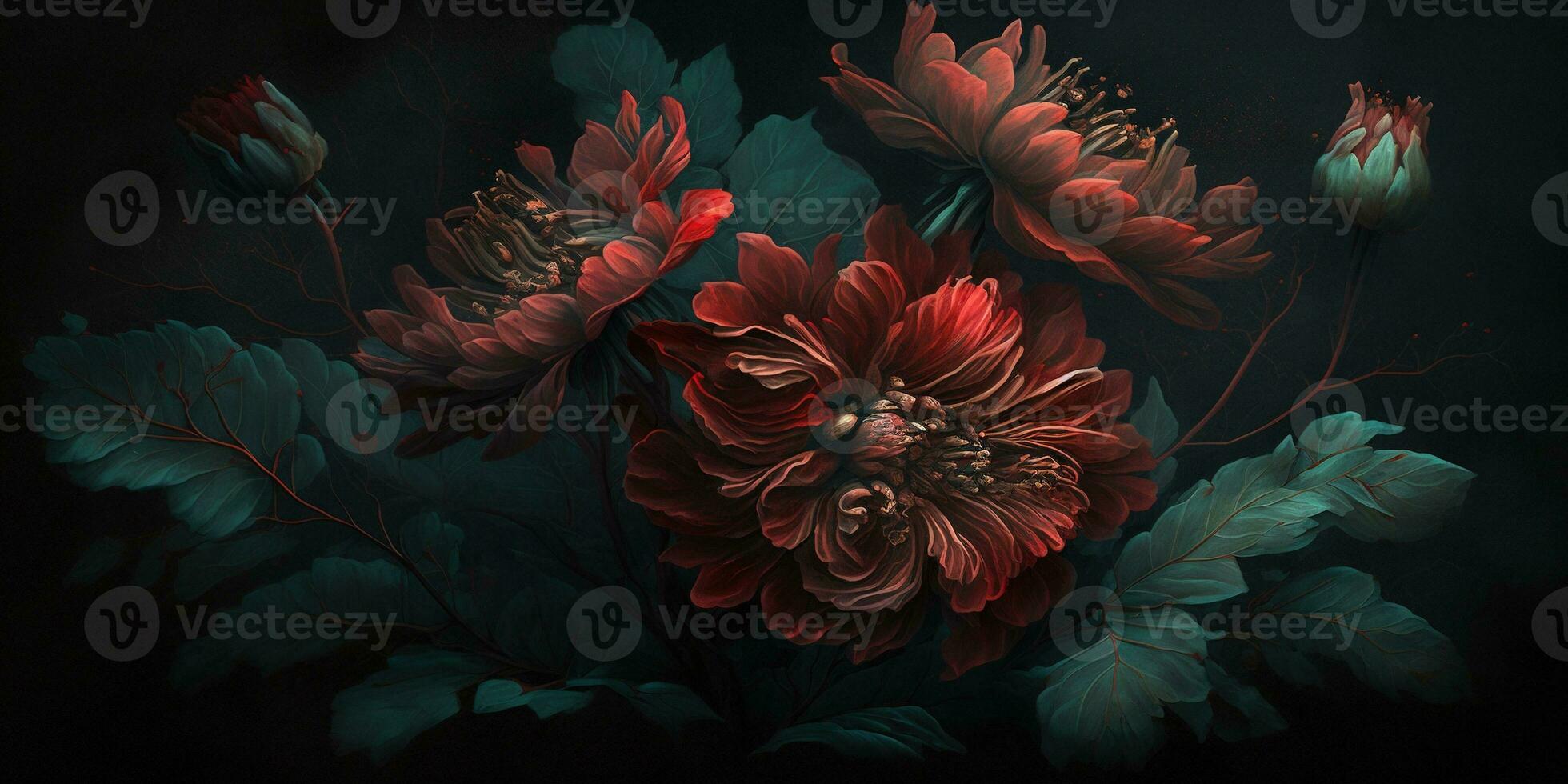Generative AI, Close up of blooming flowerbeds of amazing red color flowers on dark moody floral textured background. Photorealistic effect.. photo