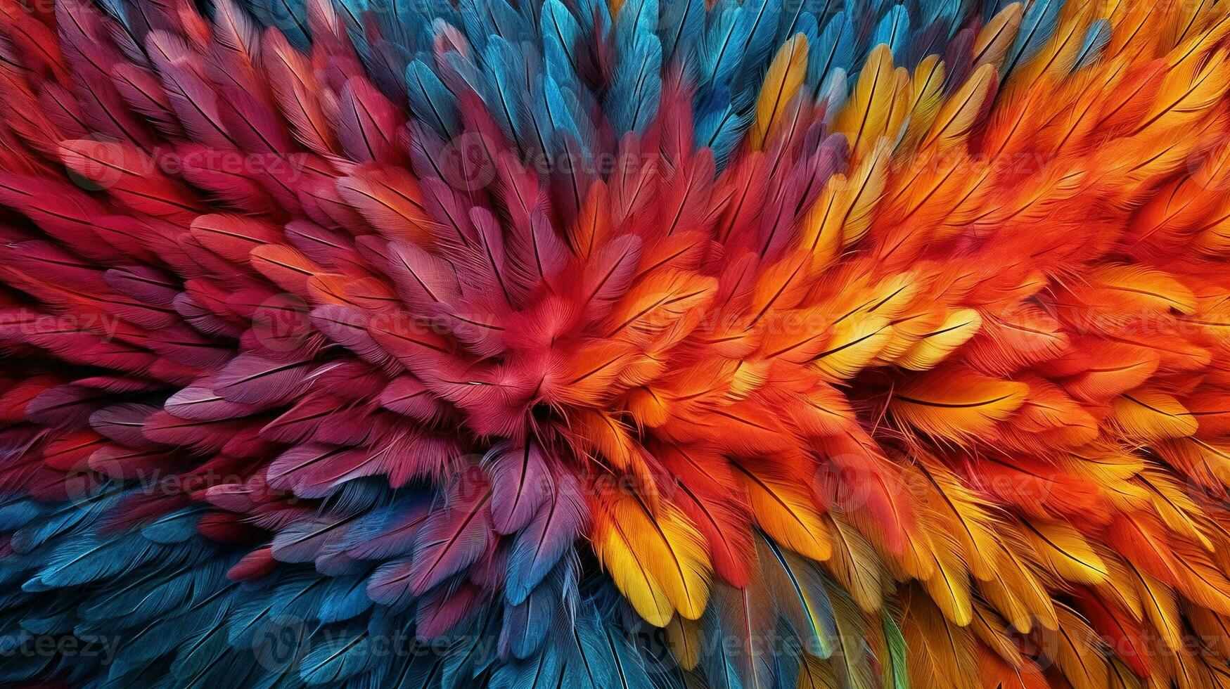 Generative AI, Beautiful rainbow colorful closeup feathers, photorealistic background, top view, aerial view. Small fluffy, inspired by Andreas Gursky and Andy Goldsworthy photo