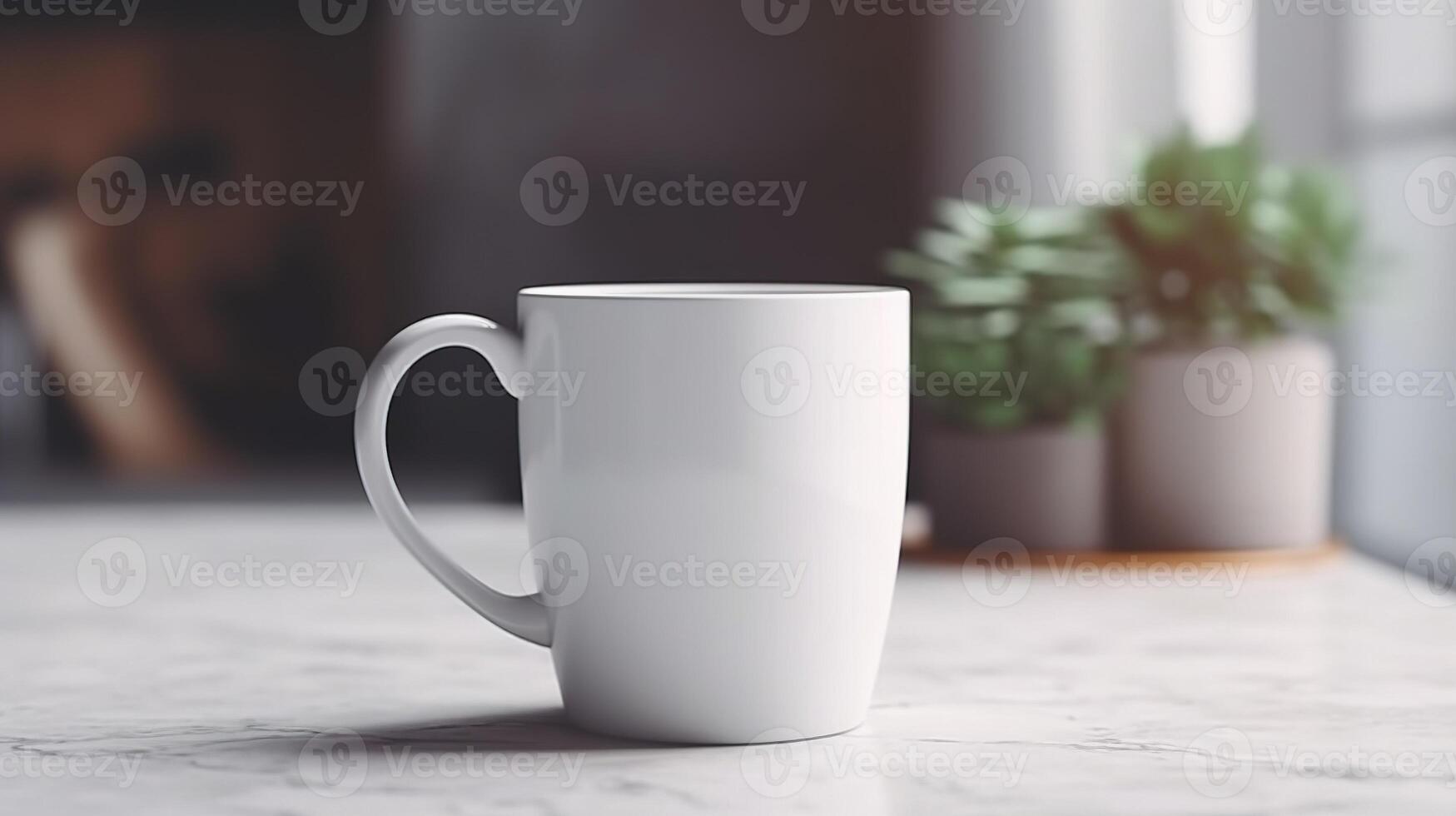 Generative AI, White ceramic cup set-up in at home interior, mug mock up blank. photo