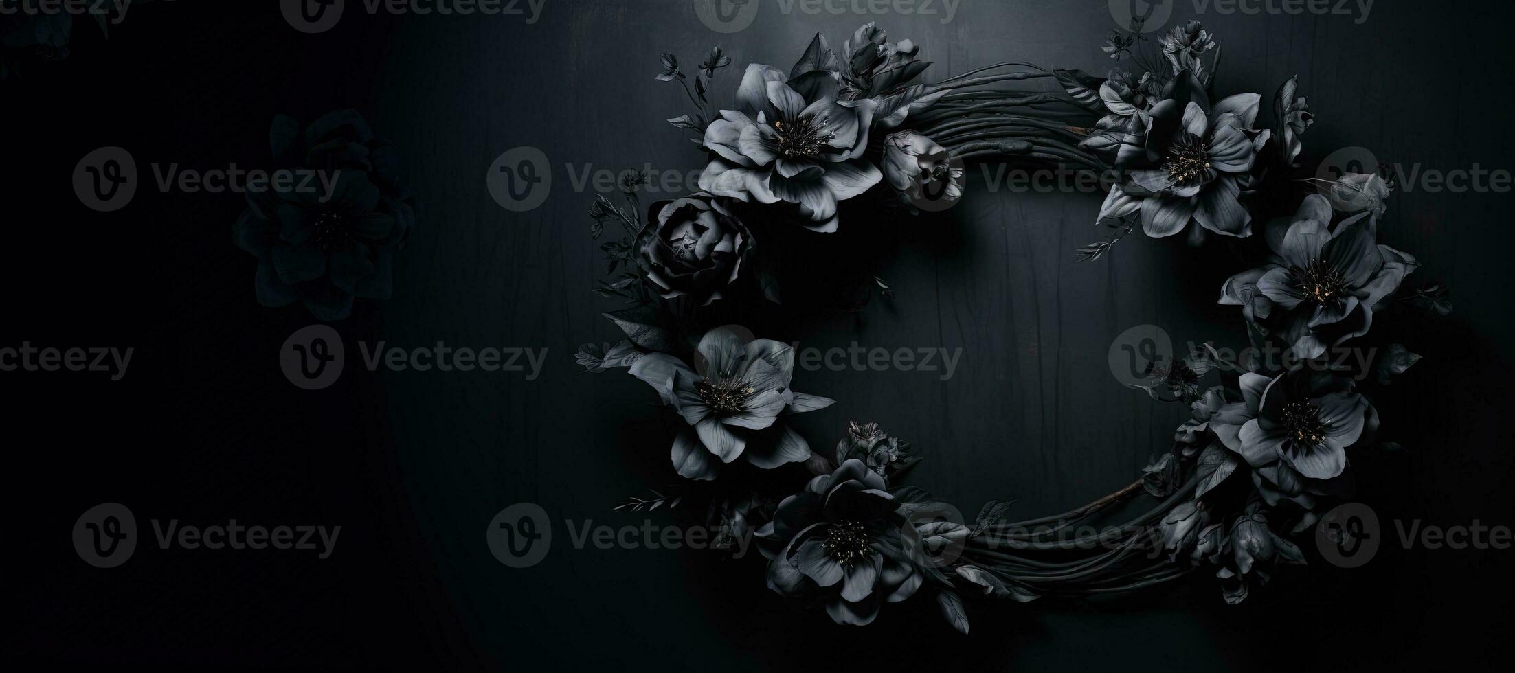 Generative AI, Close up wreath, blooming flowerbeds of amazing black flowers on dark moody floral textured background. photo