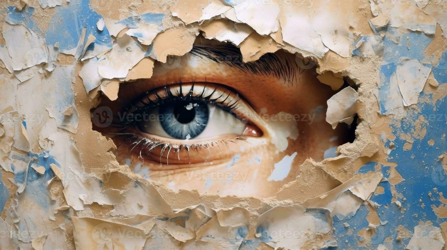 Generative AI, Woman eye looking through a torn hole in vintage paper, blue and beige colors mural. Painted hyperrealistic female art. photo