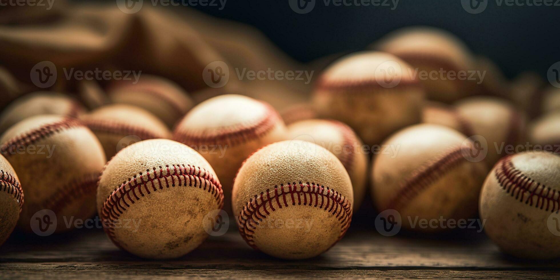 Generative AI, Rough and rugged texture of old baseball balls close up on vintage background photo