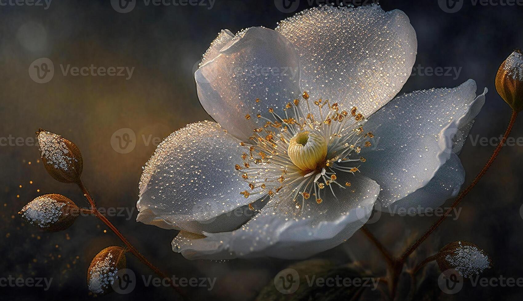 , Close up of blooming flowerbeds of amazing white and golden flowers on dark moody floral textured background. Photorealistic effect. photo