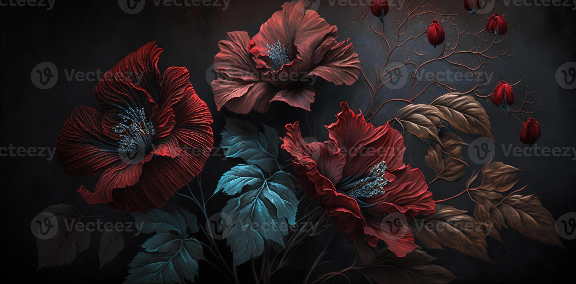 , Close up of blooming flowerbeds of amazing red color flowers on dark moody floral textured background. Photorealistic effect.. photo