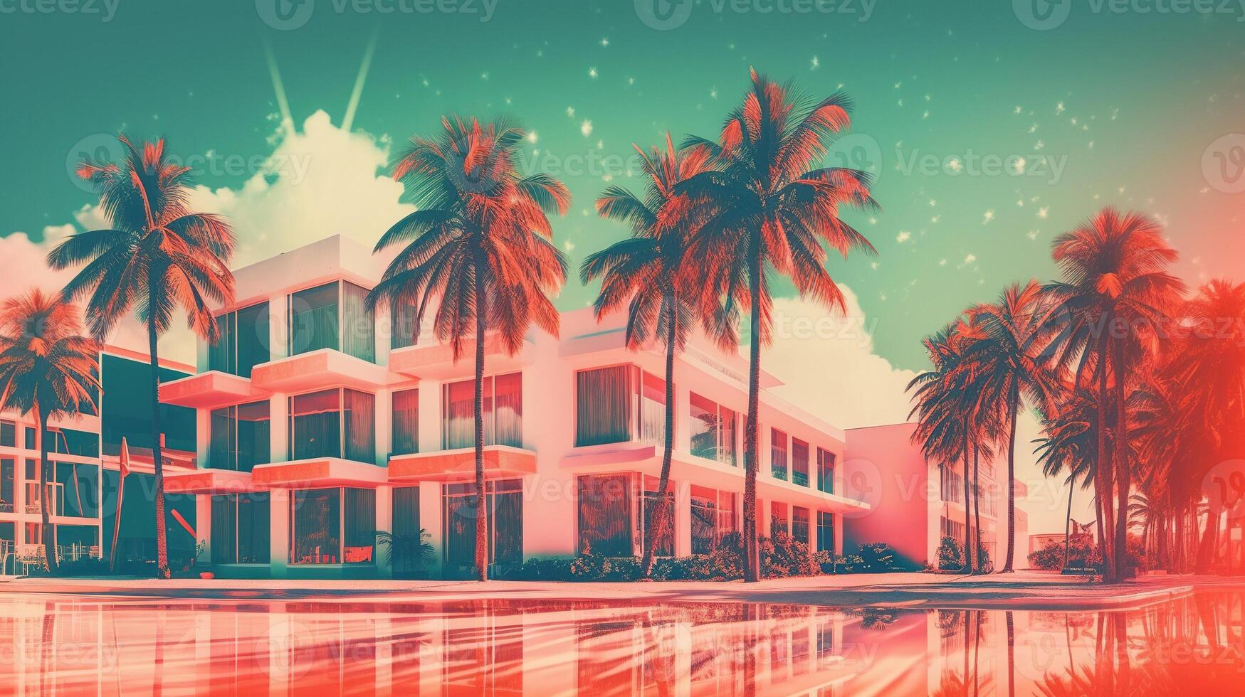 , Miami Summer Vibes retro illustration. Vintage pink and blue colors, buildings, California palms, 80s style photo