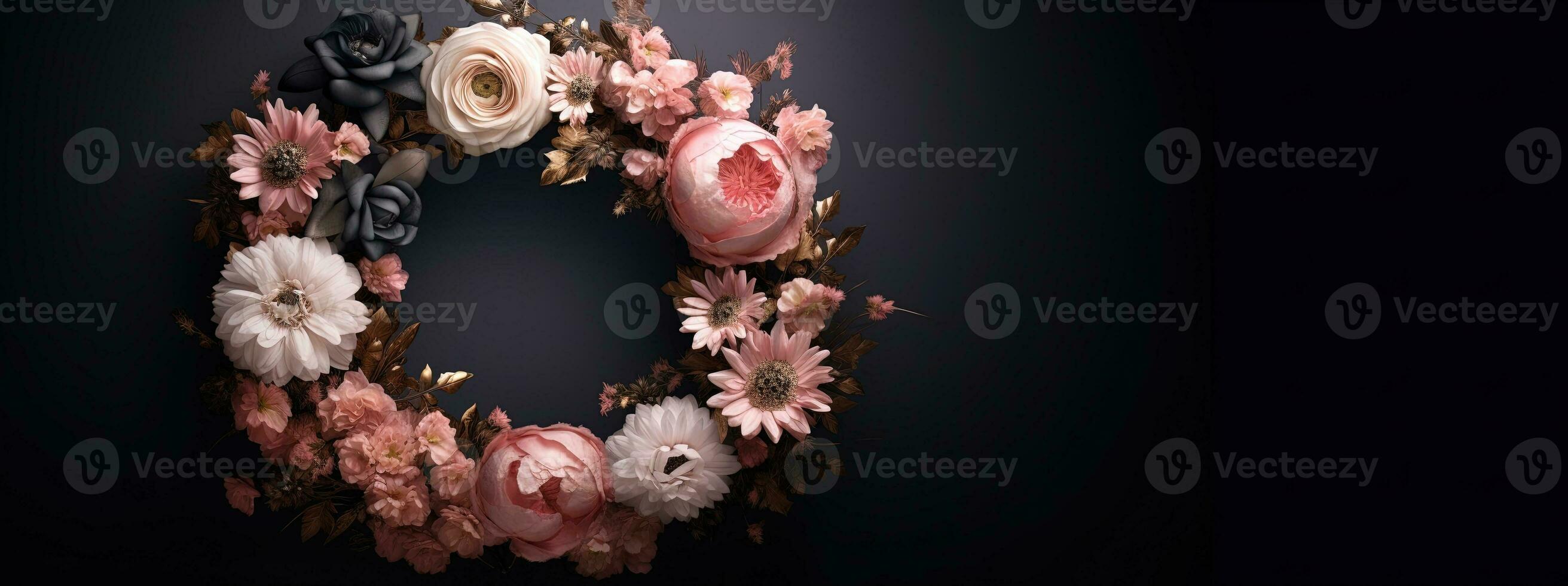 Generative AI, Close up wreath, blooming flowerbeds of amazing pink flowers on dark moody floral textured background. photo