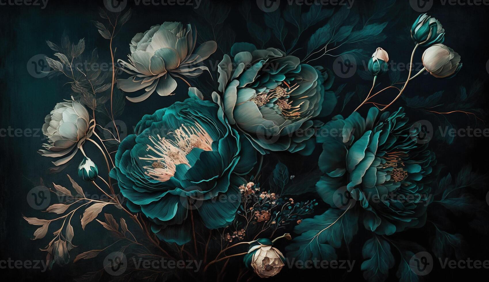, Close up of blooming flowerbeds of amazing teal flowers on dark moody floral textured background. Photorealistic effect. photo