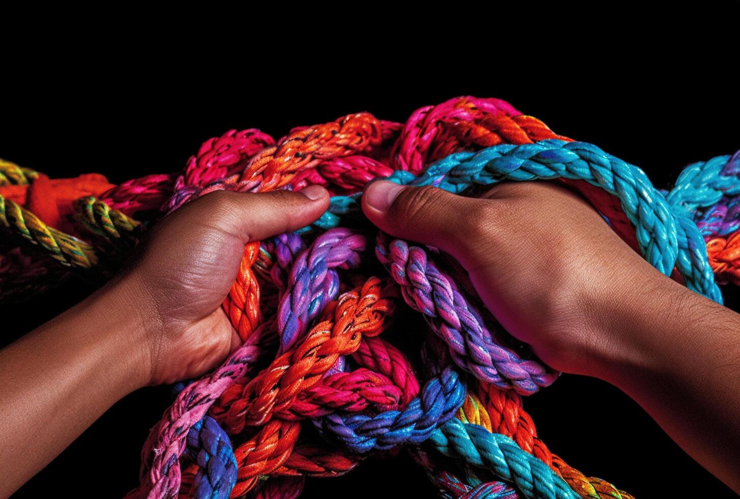 Generative AI, peoples hands working together to untangle a knotted rope. Business teamwork. photo