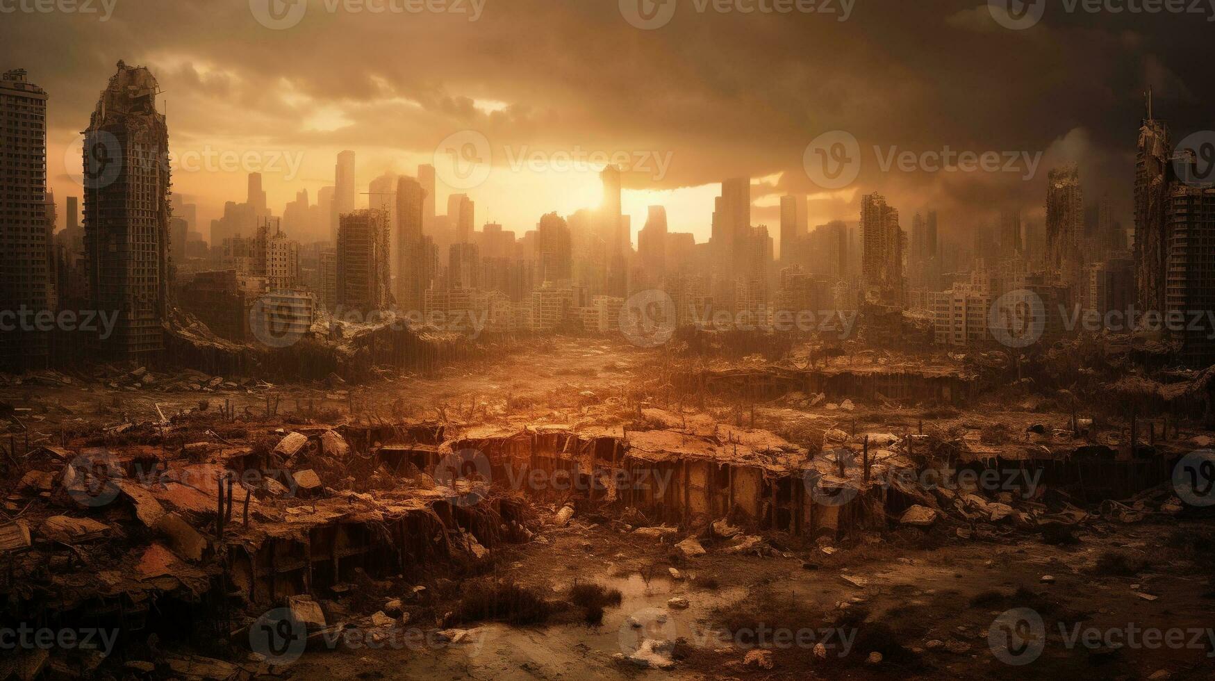 Generative AI, Destruction in the city, burned town street with no life, apocalyptic scene photo