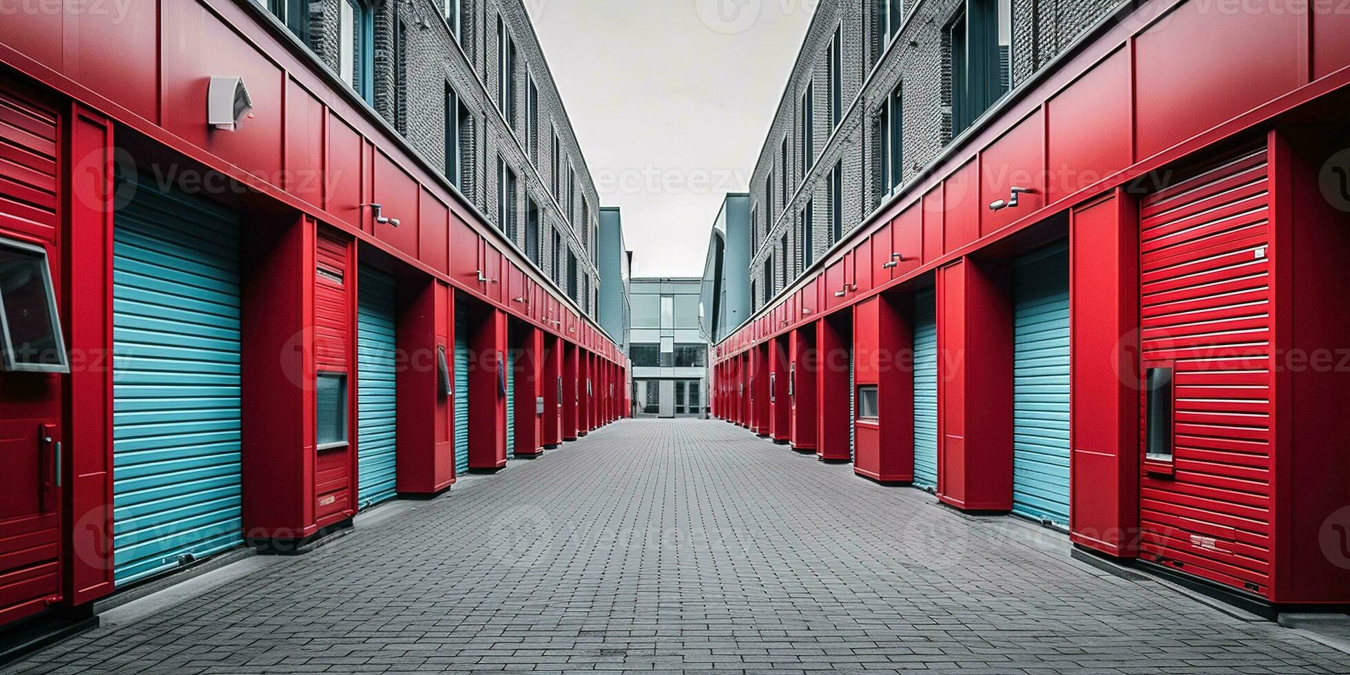 Generative AI, Mini colorful metal self storage facilities rental units, warehouse exterior, industry garage building. photo