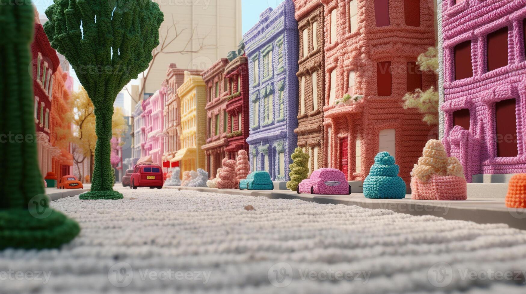 Generative AI, cute street made of crochet, houses, trees, road, cars. Soft colors, dreamy scene cityscape made of crochet materials, wool, fabric, yarn, sewing for background photo