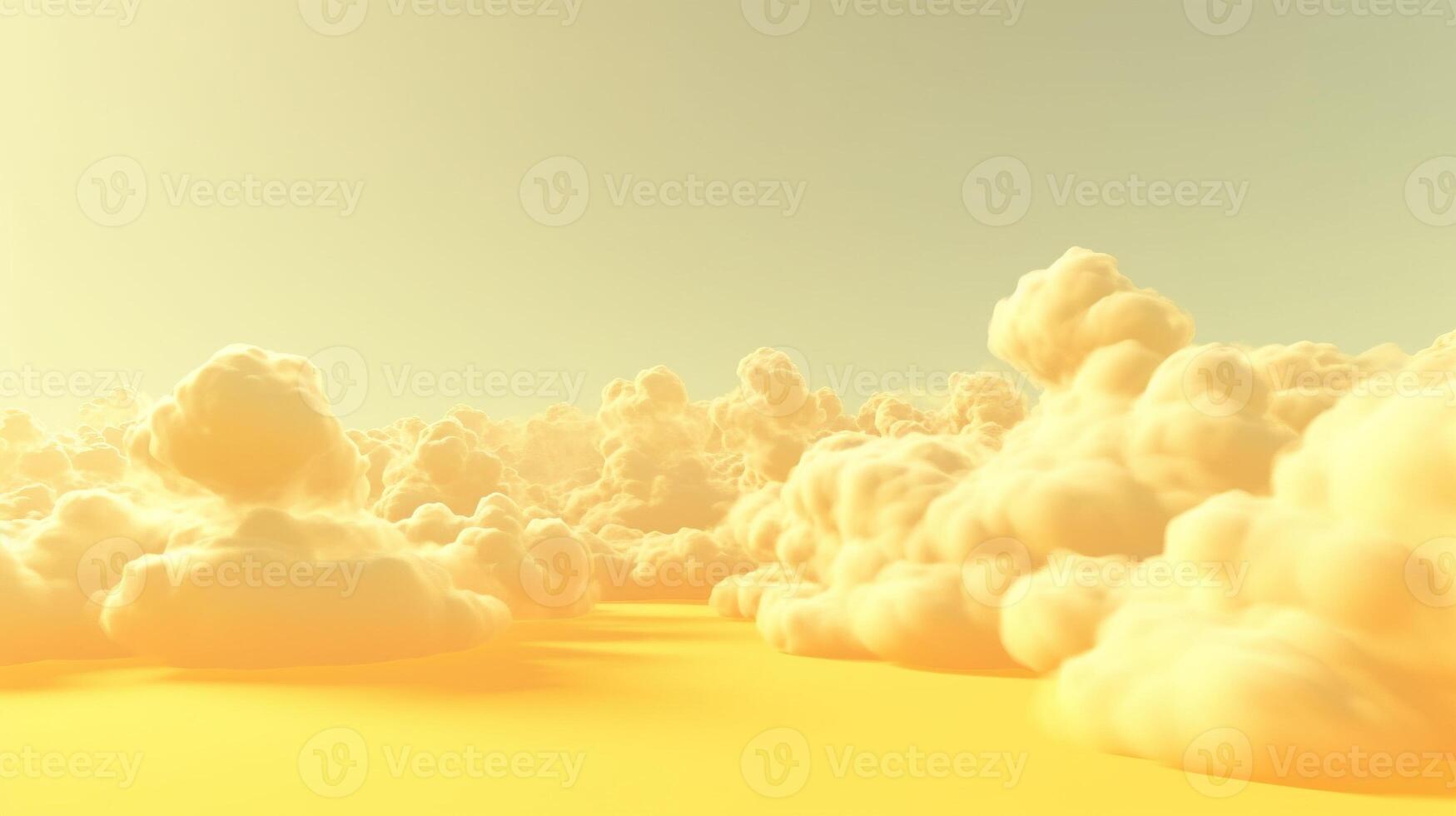 Generative AI, Light yellow fantastic 3d clouds on the floor, sky and landscape. Gentle colors and with bright lights. photo