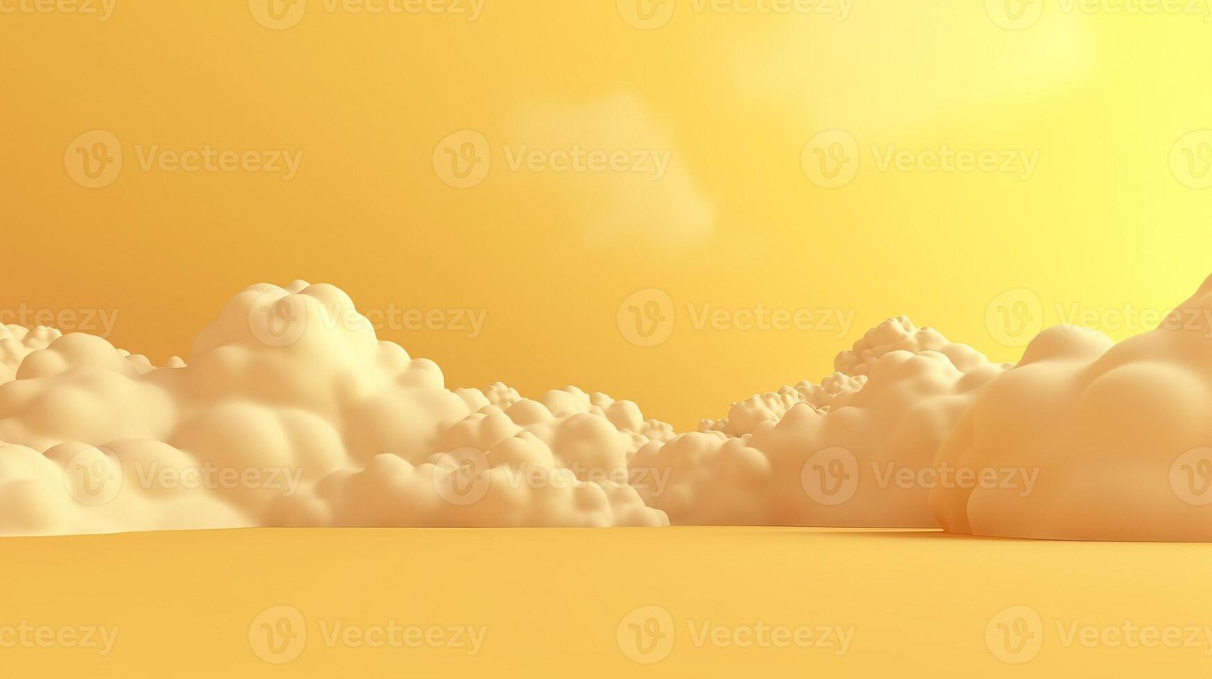 Generative AI, Light yellow fantastic 3d clouds on the floor, sky and landscape. Gentle colors and with bright lights. photo